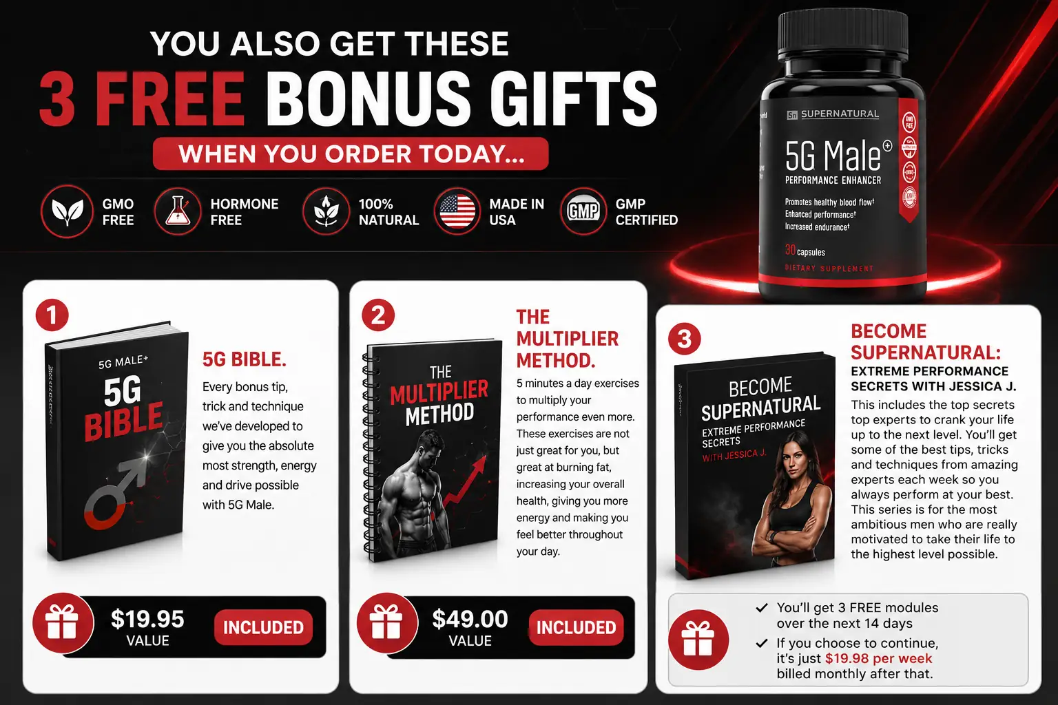 Bonus gifts included with your 5G Male order: 5G Bible ($19.95 value), The Multiplier Method ($49.00 value), and the optional Become Supernatural program